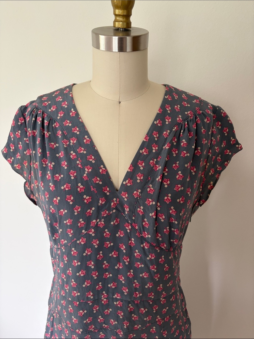Sundance Pure Silk Slate Gray Dress with Pink Floral Print